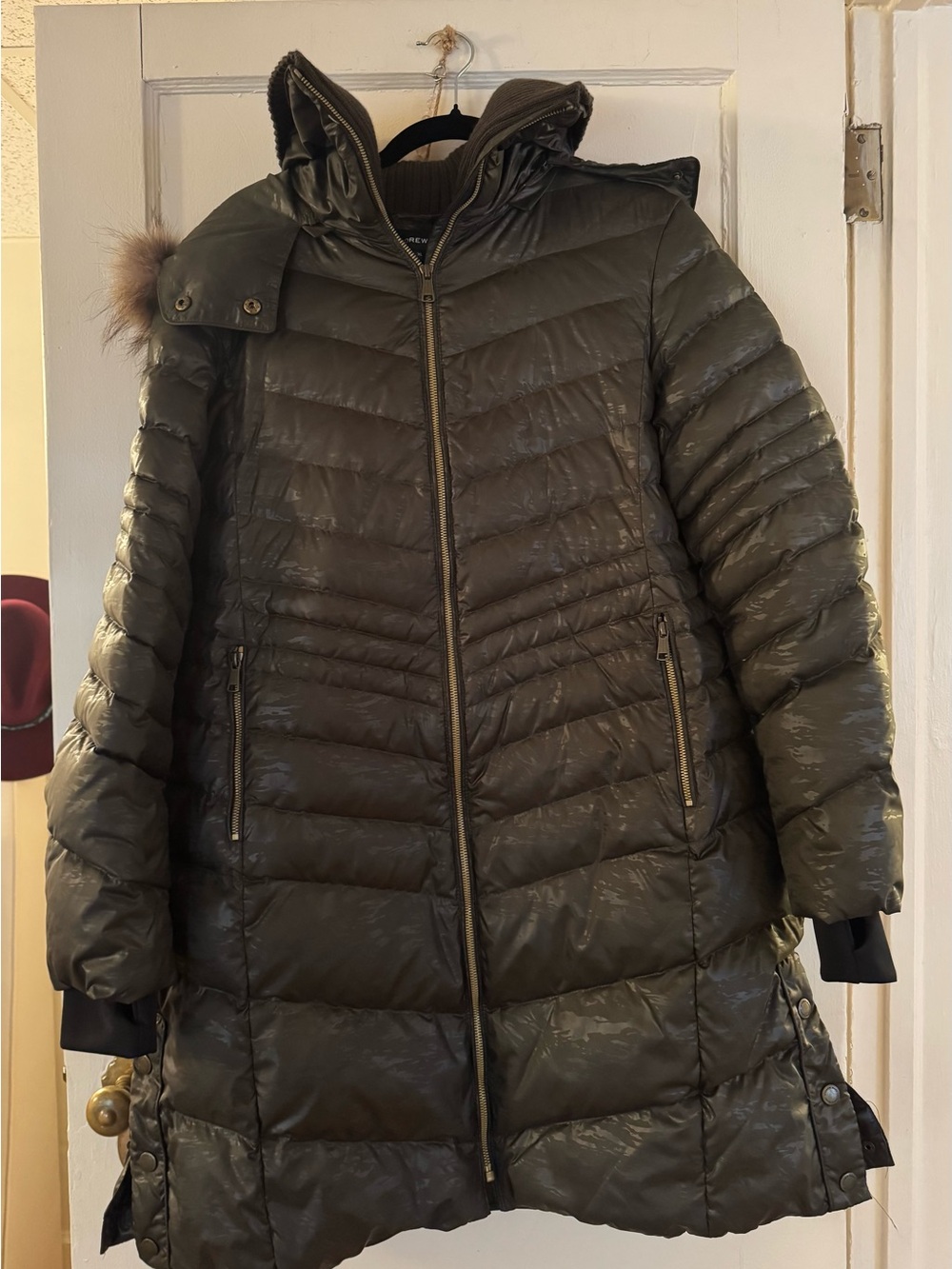 Andrew Marc Olive Green Quilted Puffer Coat with Hood and Genuine Fox Fur Trim